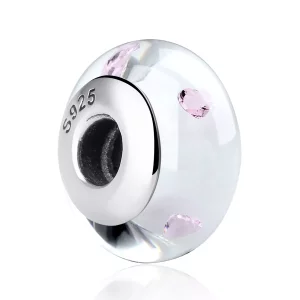 Charm de estilo Pandora de vidrio de Murano blanco con piedras rosas - SCZ004 (imagen para) Charm de estilo Pandora de vidrio de Murano blanco con piedras rosas - SCZ004