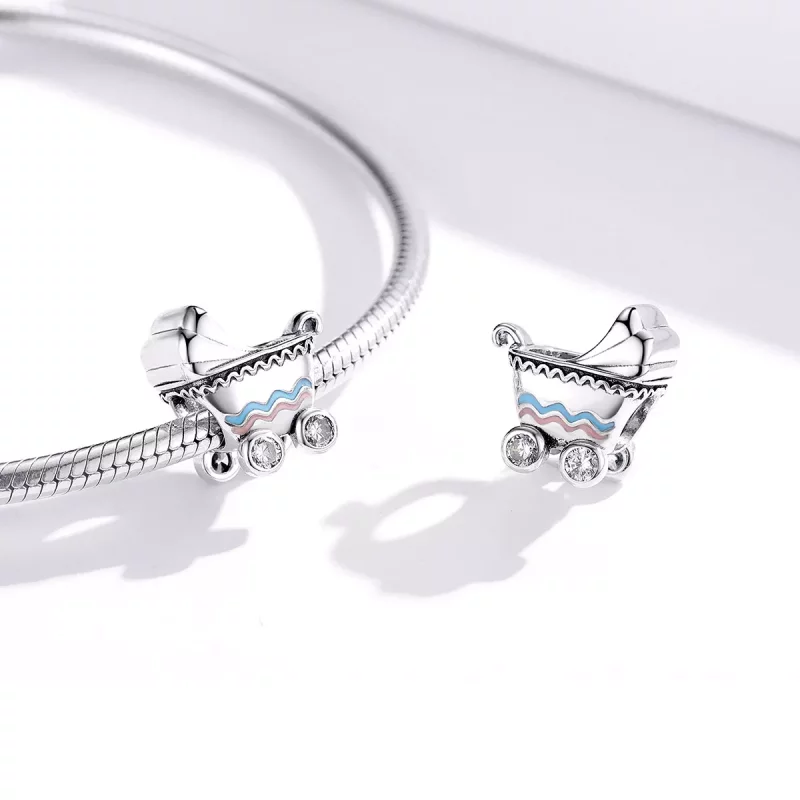 (imagen para) Charm de estilo Pandora en plata con forma de cochecito de bebé recién nacido - - Ver 2