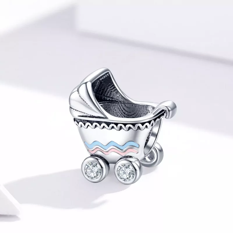 (imagen para) Charm de estilo Pandora en plata con forma de cochecito de bebé recién nacido - - Ver 3