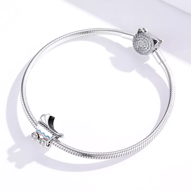 (imagen para) Charm de estilo Pandora en plata con forma de cochecito de bebé recién nacido - - Ver 4