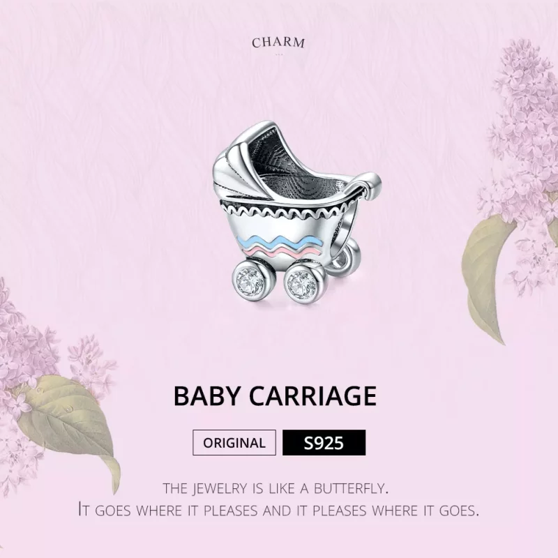 (imagen para) Charm de estilo Pandora en plata con forma de cochecito de bebé recién nacido - - Ver 6