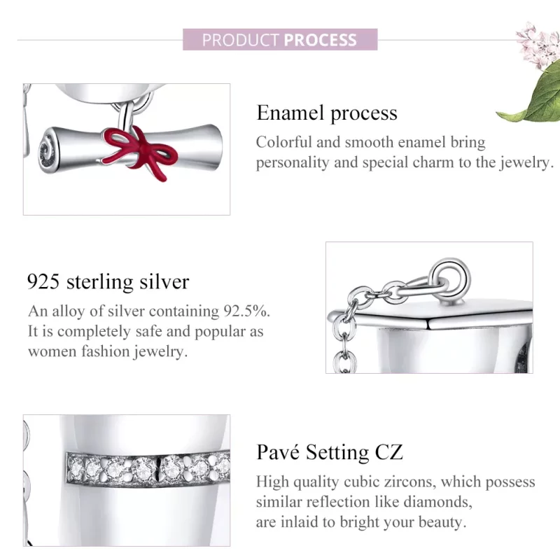 (imagen para) Charm de graduación universitaria en plata estilo Pandora - BSC357 - Ver 8