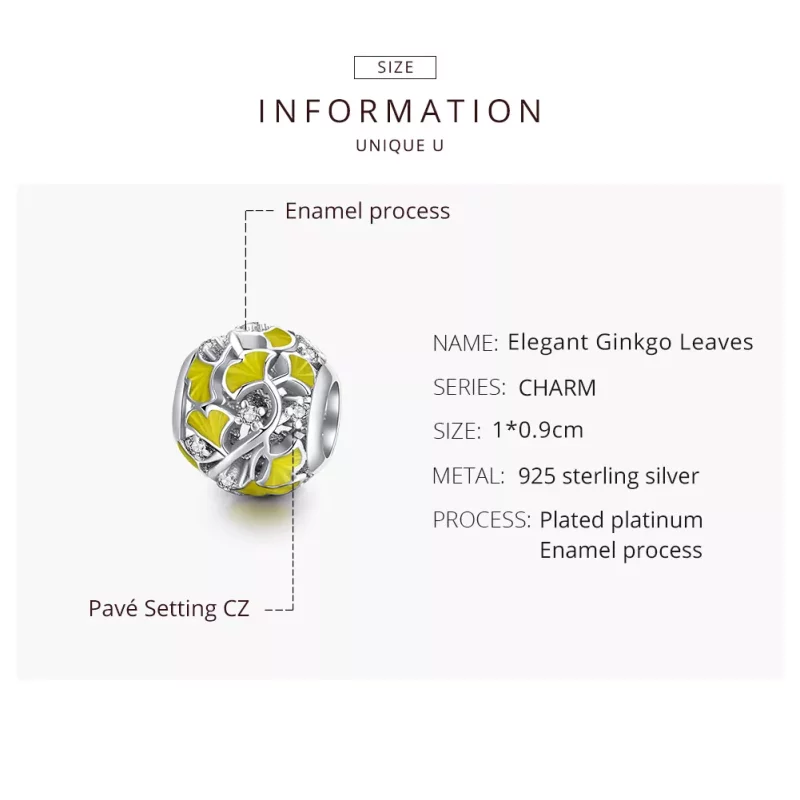 (imagen para) Charm de hojas de ginkgo elegante en estilo Pandora de plata - BSC334 - Ver 8