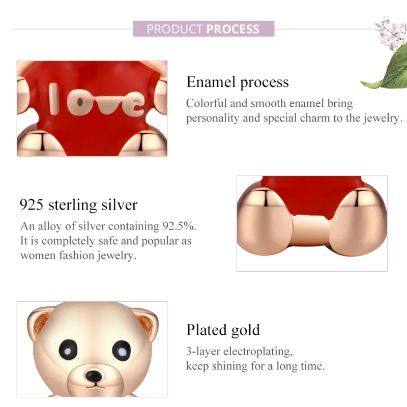 (imagen para) Charm de oso de peluche en estilo Pandora color oro rosa - BSC228 - Ver 8