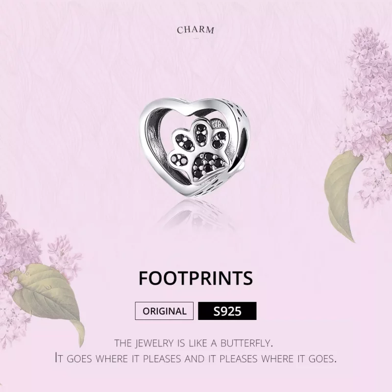 (imagen para) Charm de plata con estilo Pandora con huella de pata de mascotas - SCC1191-Bk - Ver 2