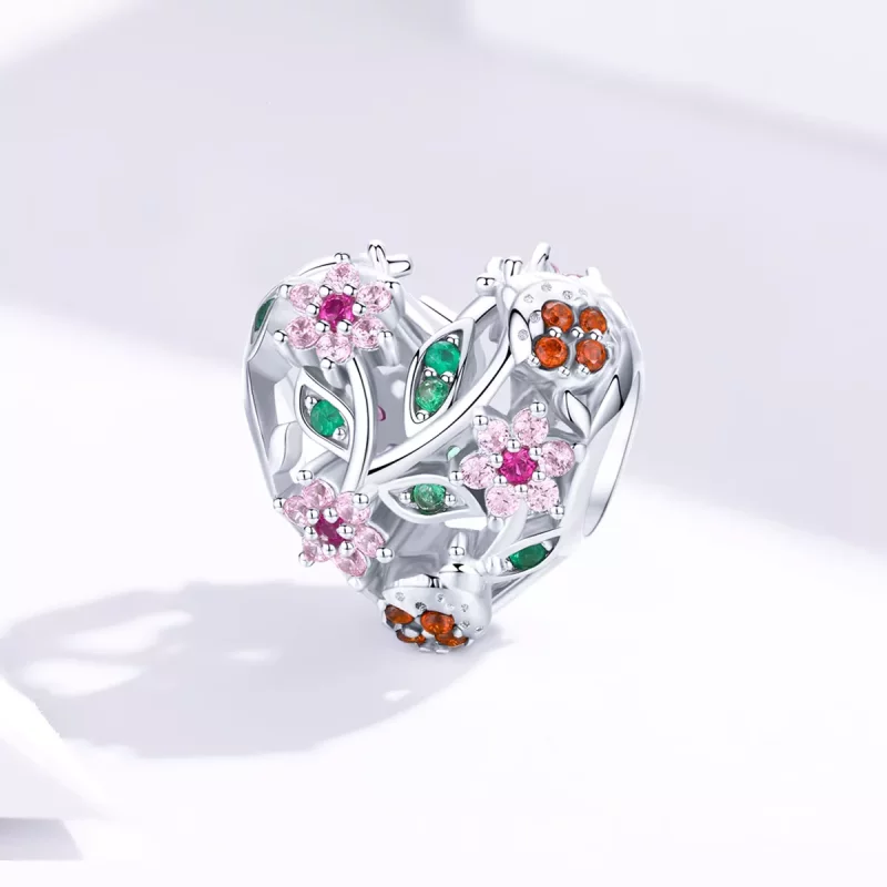 (imagen para) Charm de plata de estilo Pandora con mariquita y flores - BSC117 - Ver 2