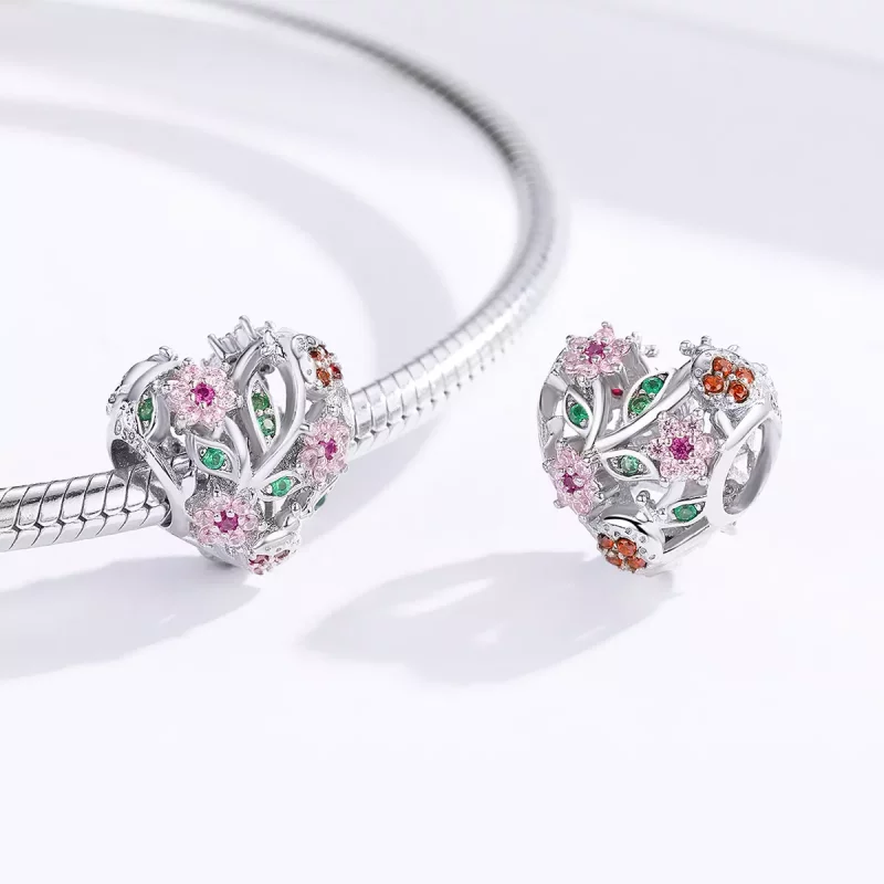(imagen para) Charm de plata de estilo Pandora con mariquita y flores - BSC117 - Ver 3