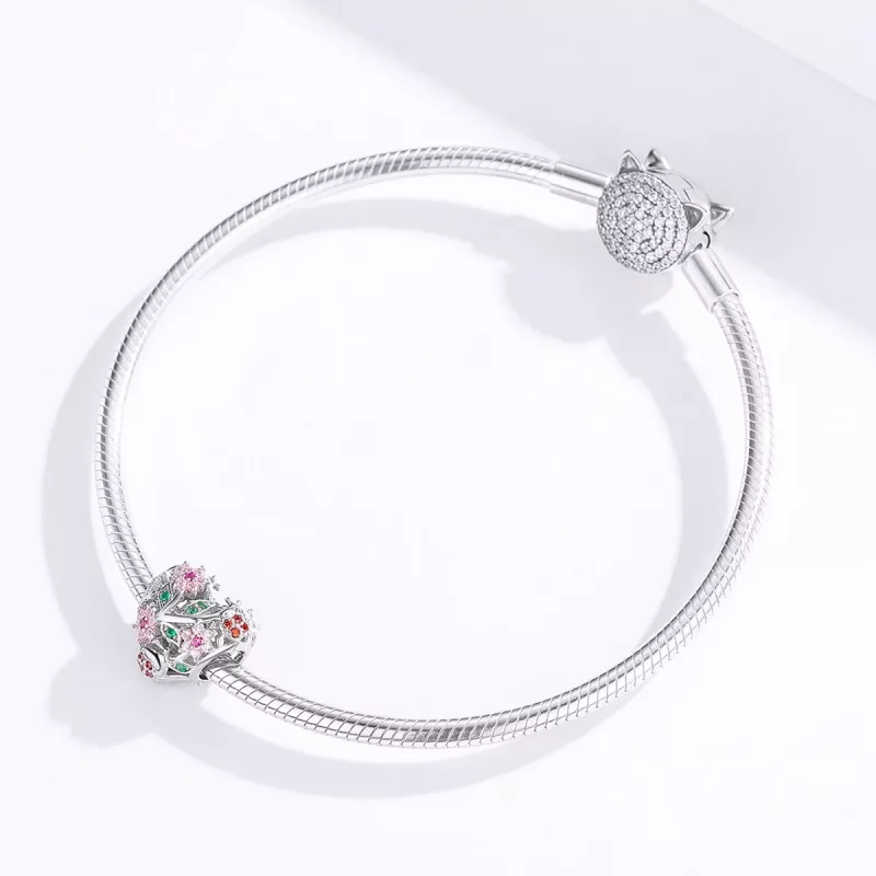 (imagen para) Charm de plata de estilo Pandora con mariquita y flores - BSC117 - Ver 4