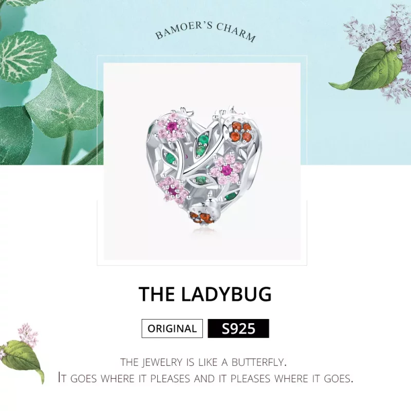 (imagen para) Charm de plata de estilo Pandora con mariquita y flores - BSC117 - Ver 5
