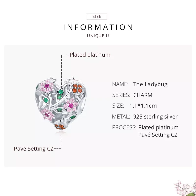 (imagen para) Charm de plata de estilo Pandora con mariquita y flores - BSC117 - Ver 6