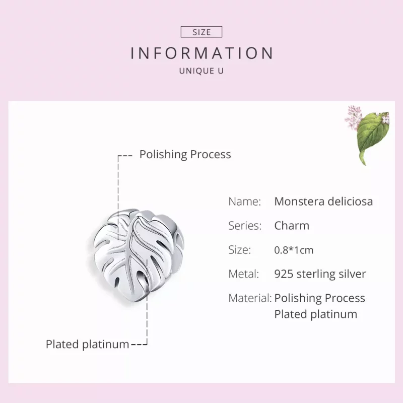(imagen para) Charm de plata estilo Pandora con diseño de Monstera - BSC141 - Ver 7
