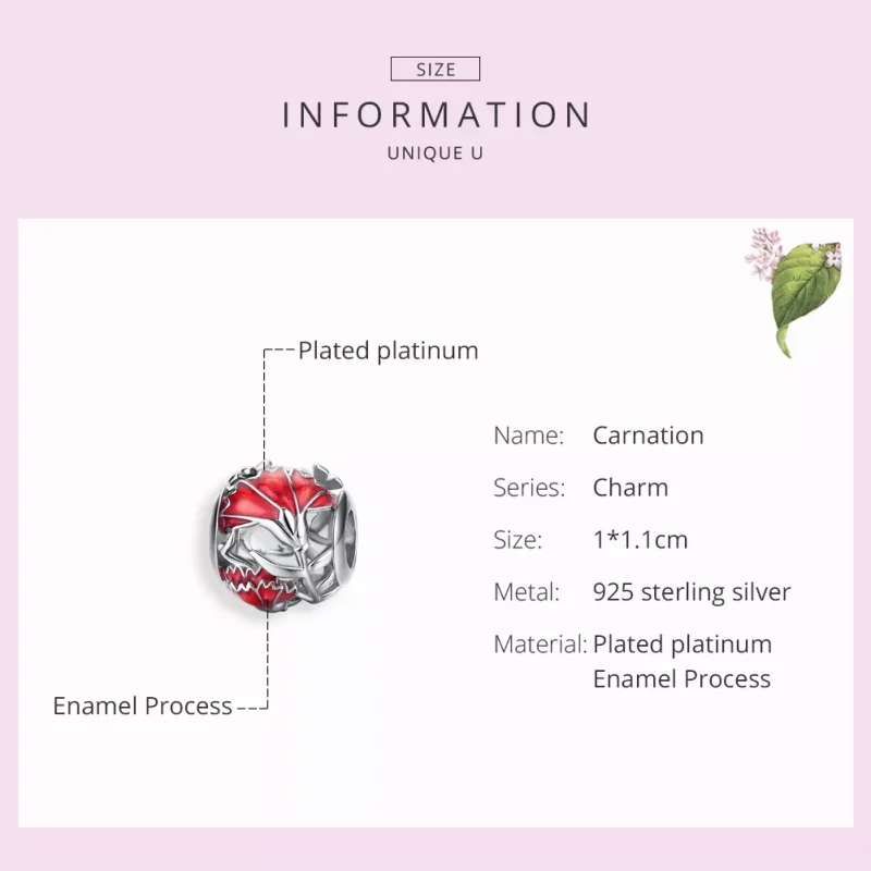 (imagen para) Charm de Plata Estilo Pandora con Flor de Clavel - BSC097 - Ver 7