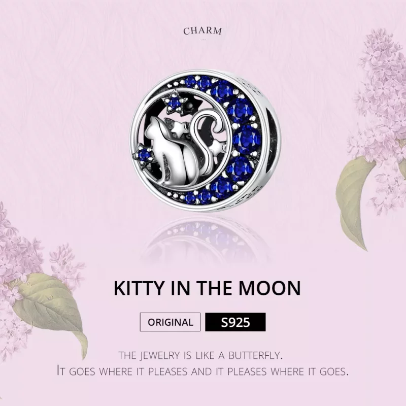 (imagen para) Charm de plata estilo Pandora con gatito en la luna - SCC1204 - Ver 2