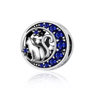 (imagen para) Charm de plata estilo Pandora con gatito en la luna - SCC1204