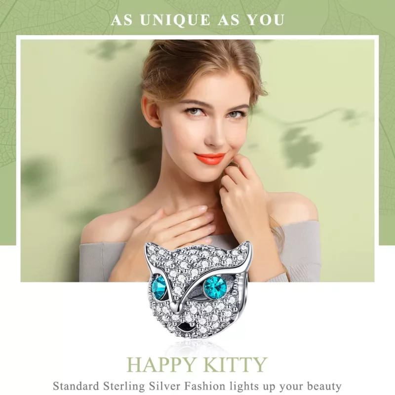 (imagen para) Charm de plata estilo Pandora con gatito feliz - SCC1131 - Ver 2