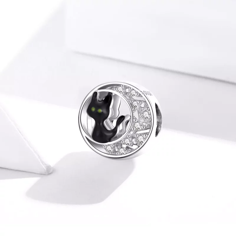 (imagen para) Charm de Plata Estilo Pandora con Gato Negro de Halloween - BSC325 - Ver 2