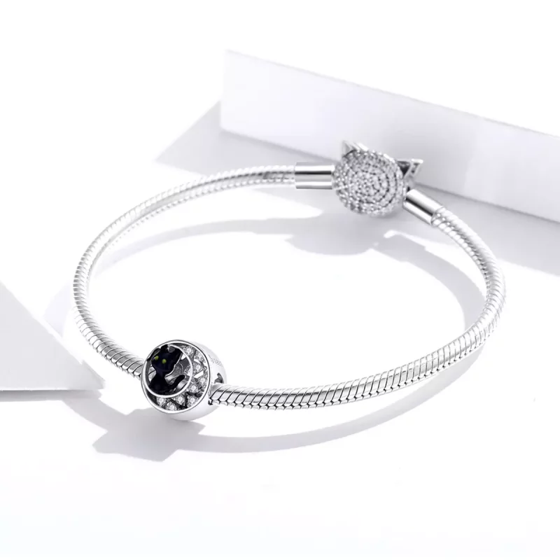(imagen para) Charm de Plata Estilo Pandora con Gato Negro de Halloween - BSC325 - Ver 3