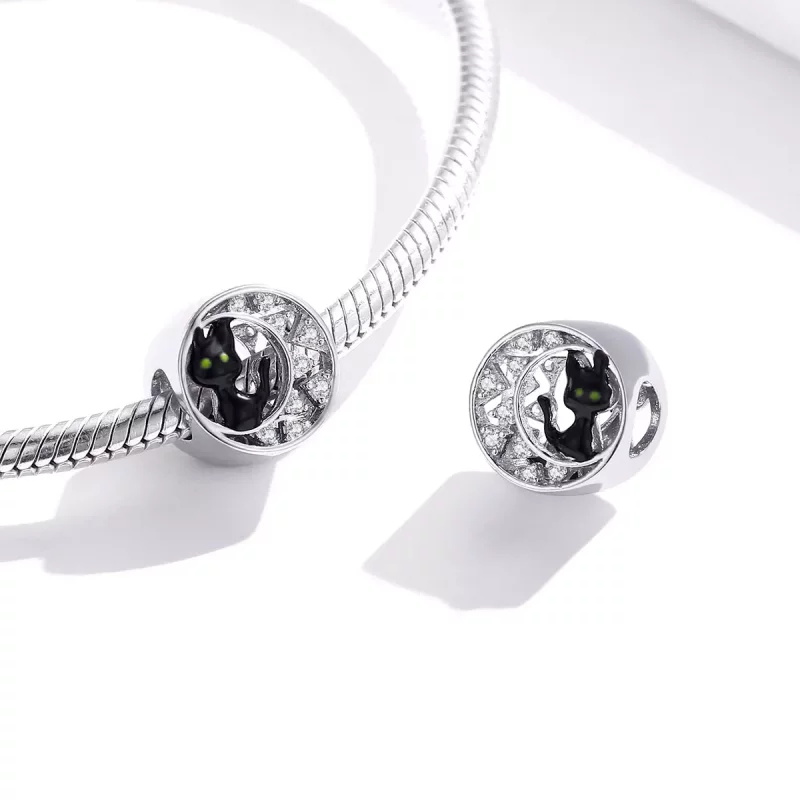 (imagen para) Charm de Plata Estilo Pandora con Gato Negro de Halloween - BSC325 - Ver 4