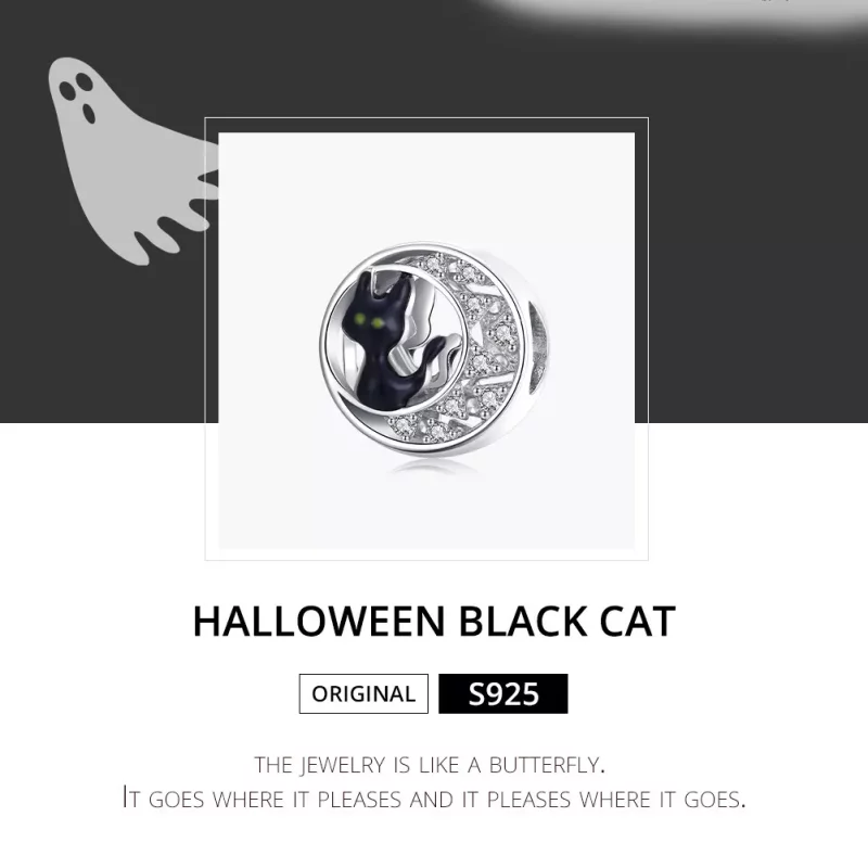 (imagen para) Charm de Plata Estilo Pandora con Gato Negro de Halloween - BSC325 - Ver 6