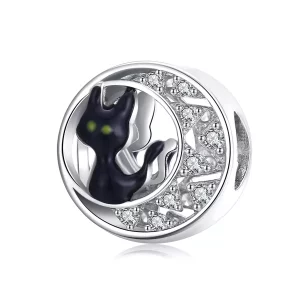 Charm de Plata Estilo Pandora con Gato Negro de Halloween - BSC325 (imagen para) Charm de Plata Estilo Pandora con Gato Negro de Halloween - BSC325