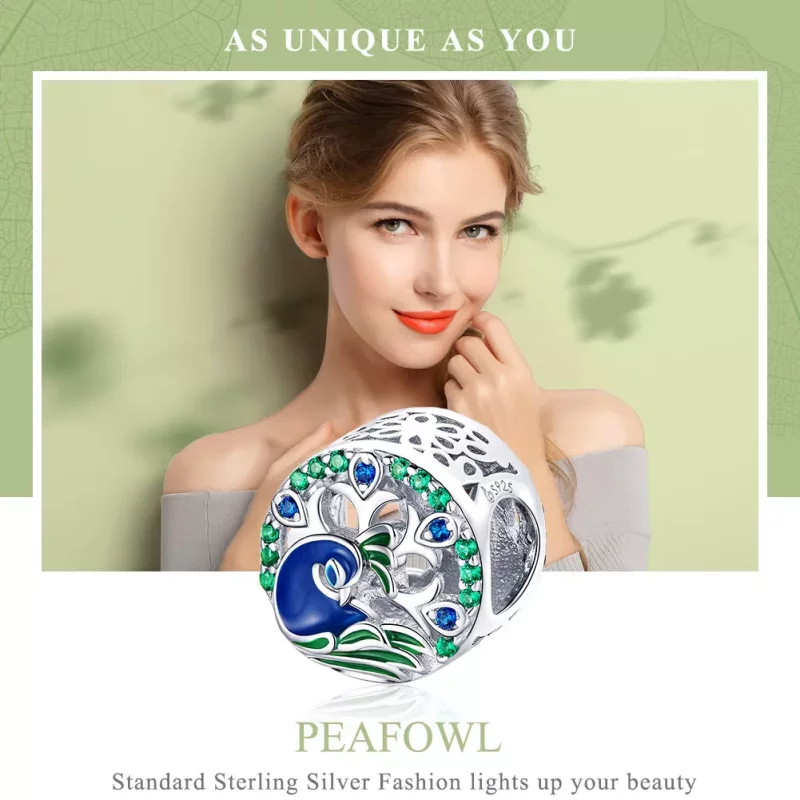 (imagen para) Charm de plata estilo Pandora con motivo de pavo real - BSC037 - Ver 6