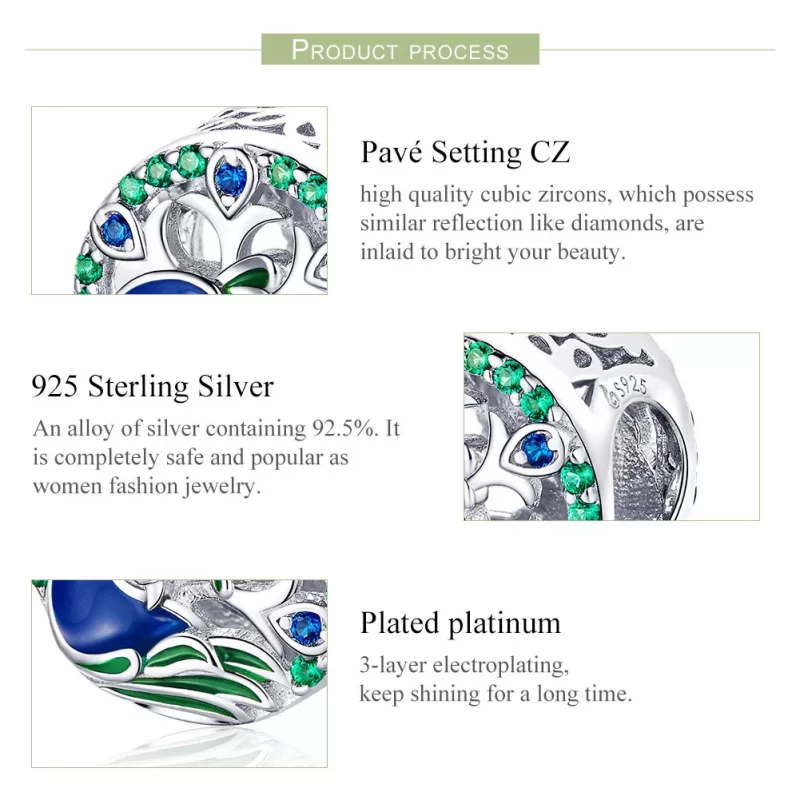 (imagen para) Charm de plata estilo Pandora con motivo de pavo real - BSC037 - Ver 7