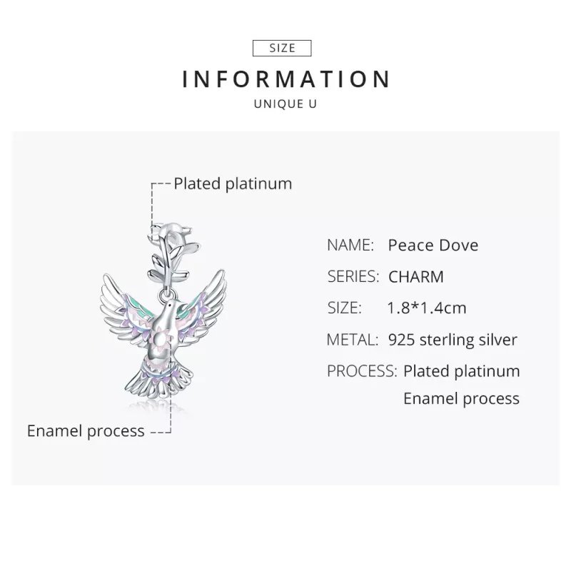 (imagen para) Charm de plata estilo Pandora con paloma de la paz - BSC295 - Ver 8