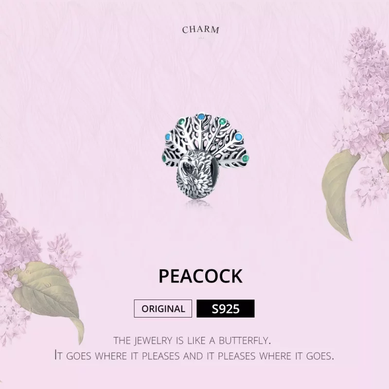 (imagen para) Charm de Plata Estilo Pandora con Pavo Real - SCC1260 - Ver 2
