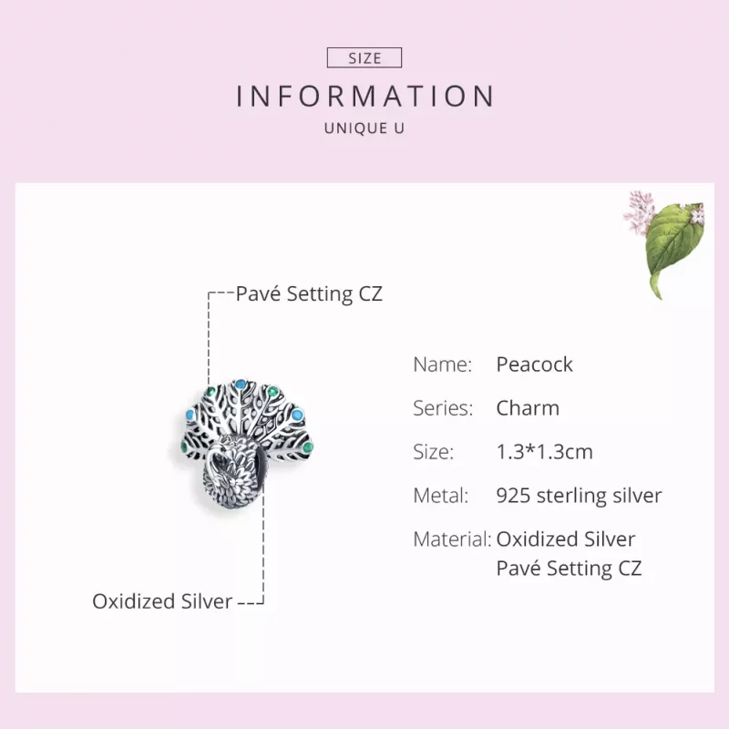 (imagen para) Charm de Plata Estilo Pandora con Pavo Real - SCC1260 - Ver 3