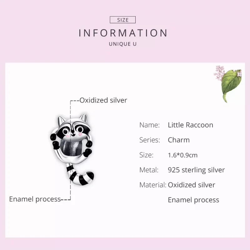 (imagen para) Charm de plata estilo Pandora con un lindo mapache - BSC403 - Ver 7