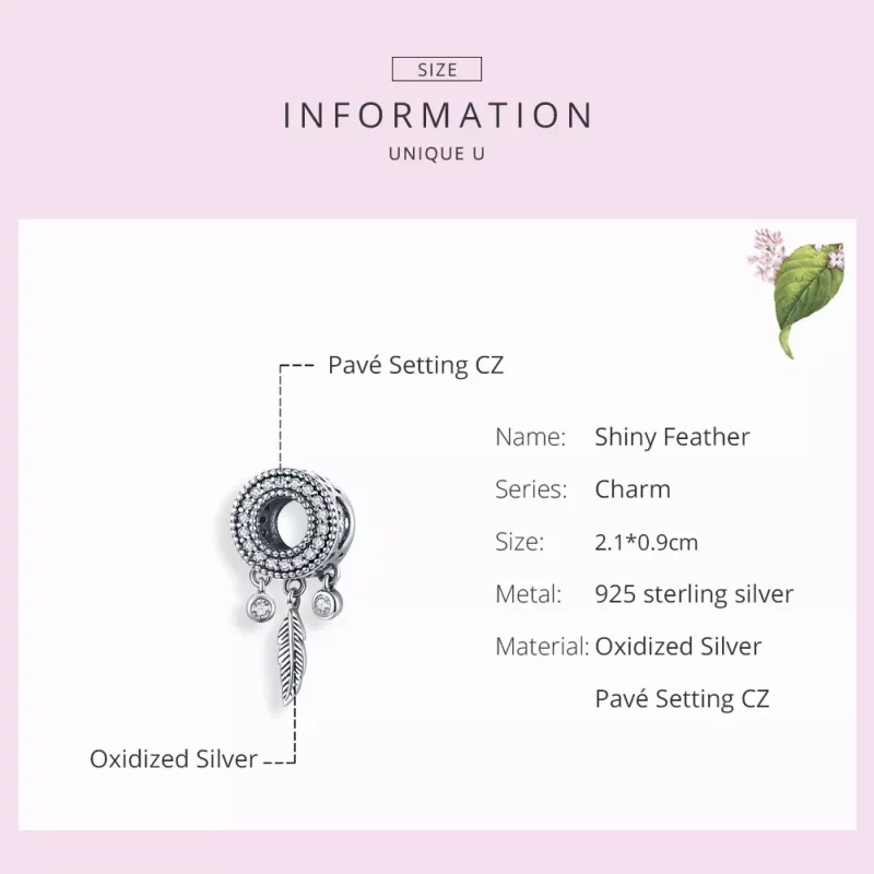 (imagen para) Charm de Pluma Brillante de Plata Estilo Pandora - SCC1550 - Ver 7