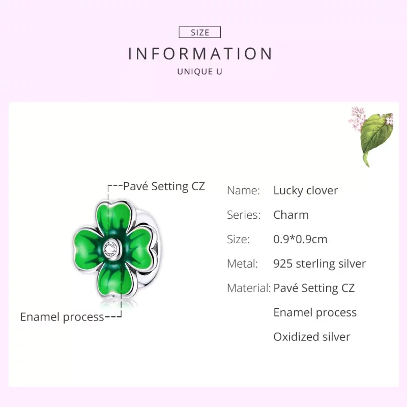 (imagen para) Charm de Trébol de la Suerte en Estilo Pandora de Plata - SCC1749 - Ver 7