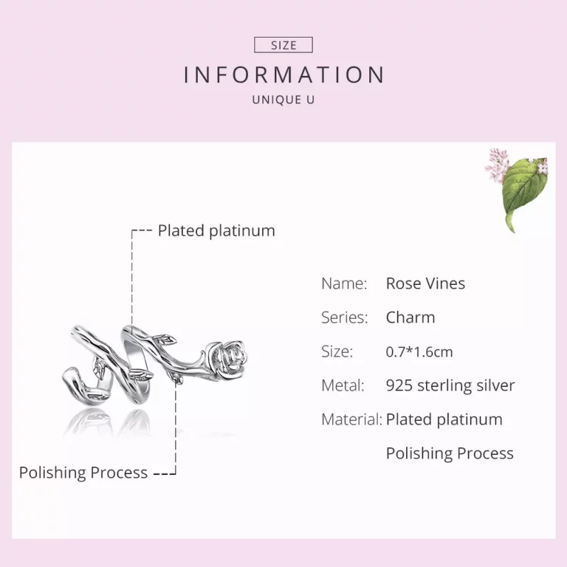 (imagen para) Charm de vides rosas plateadas estilo Pandora - BSC310 - Ver 7