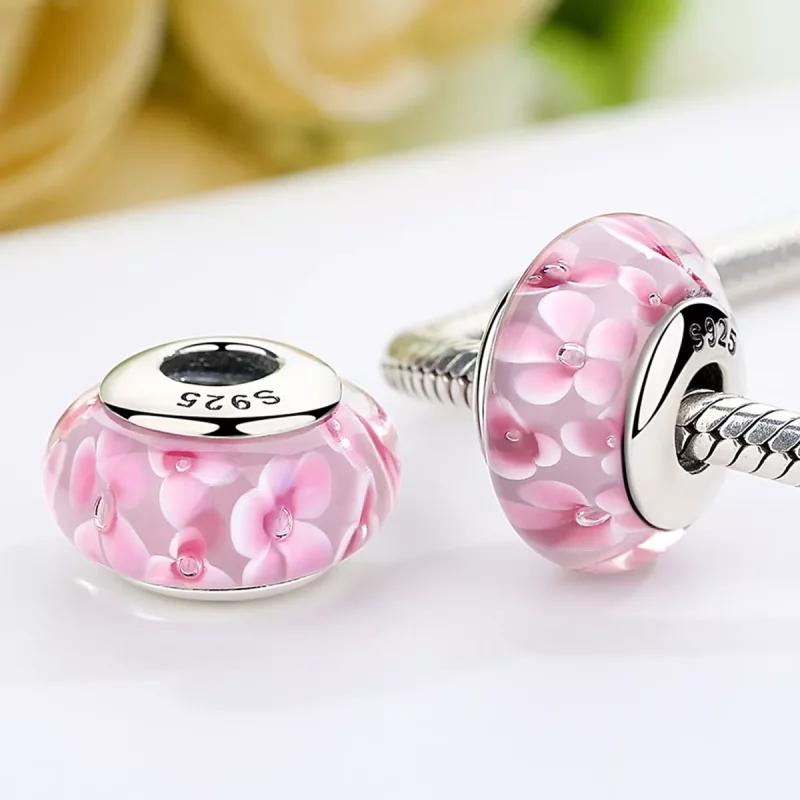 (imagen para) Charm de vidrio Murano con flores rosadas al estilo de Pandora - SCZ008 - Ver 3
