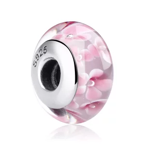 (imagen para) Charm de vidrio Murano con flores rosadas al estilo de Pandora - SCZ008
