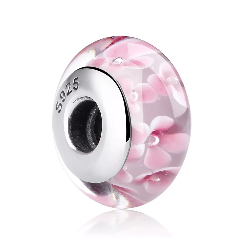 (imagen para) Charm de vidrio Murano con flores rosadas al estilo de Pandora - SCZ008