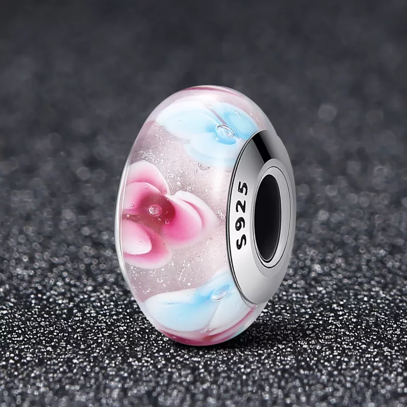 (imagen para) Charm de vidrio Murano con flores rosadas al estilo de Pandora - SCZ056 - Ver 2