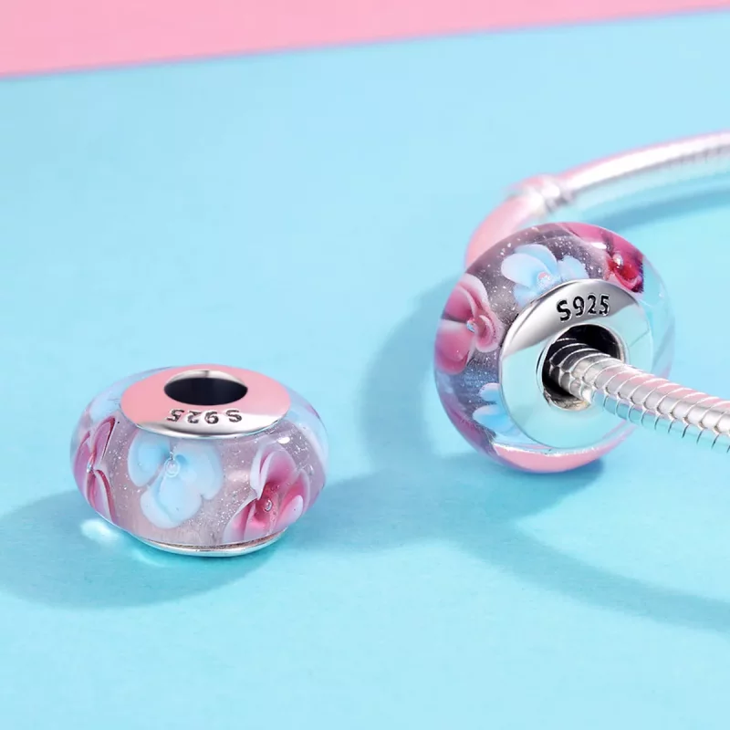 (imagen para) Charm de vidrio Murano con flores rosadas al estilo de Pandora - SCZ056 - Ver 4