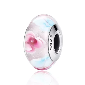 (imagen para) Charm de vidrio Murano con flores rosadas al estilo de Pandora - SCZ056