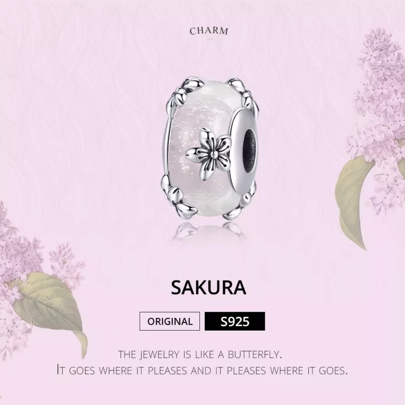 (imagen para) Charm de vidrio Murano de estilo Pandora plateado con Sakura - SCC1302 - Ver 2