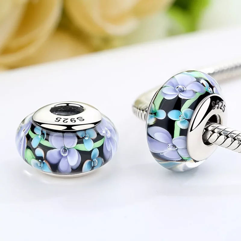 (imagen para) Charm de vidrio Murano estilo Pandora con flores moradas - SCZ009 - Ver 3