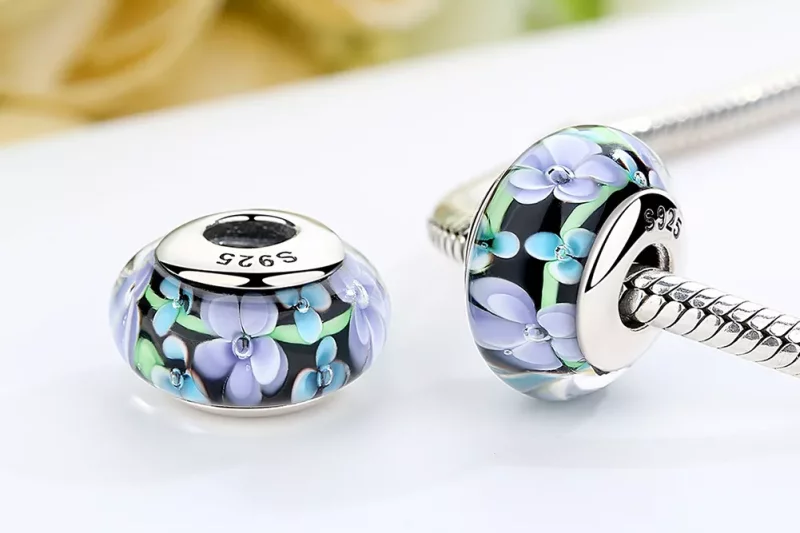 (imagen para) Charm de vidrio Murano estilo Pandora con flores moradas - SCZ009 - Ver 7