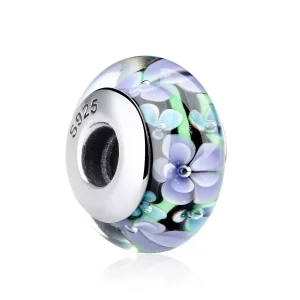 Charm de vidrio Murano estilo Pandora con flores moradas - SCZ009 (imagen para) Charm de vidrio Murano estilo Pandora con flores moradas - SCZ009