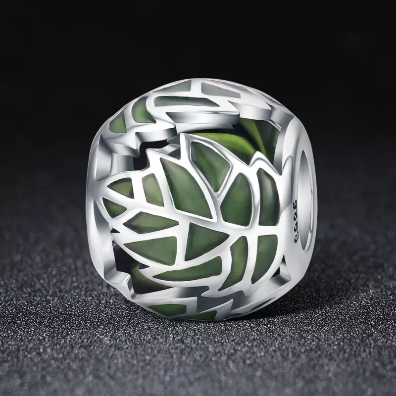 (imagen para) Charm en estilo Pandora de plata con hojas verdes enamoradas - SCC524 - Ver 2