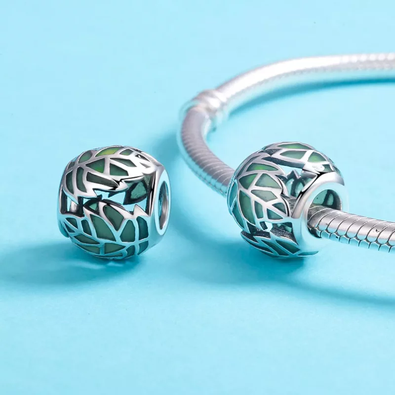 (imagen para) Charm en estilo Pandora de plata con hojas verdes enamoradas - SCC524 - Ver 5