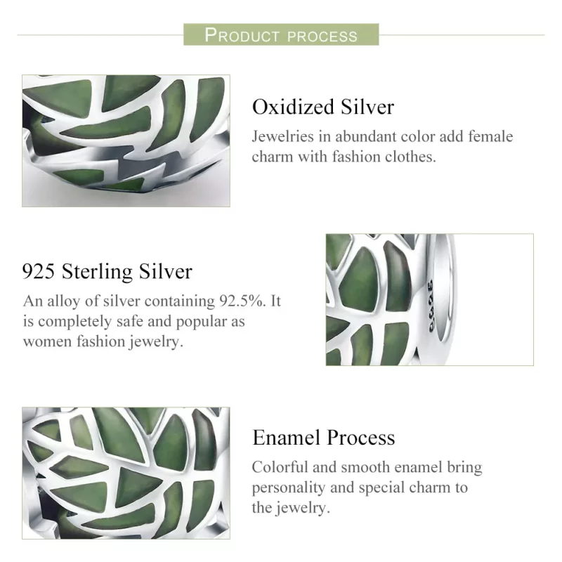 (imagen para) Charm en estilo Pandora de plata con hojas verdes enamoradas - SCC524 - Ver 6