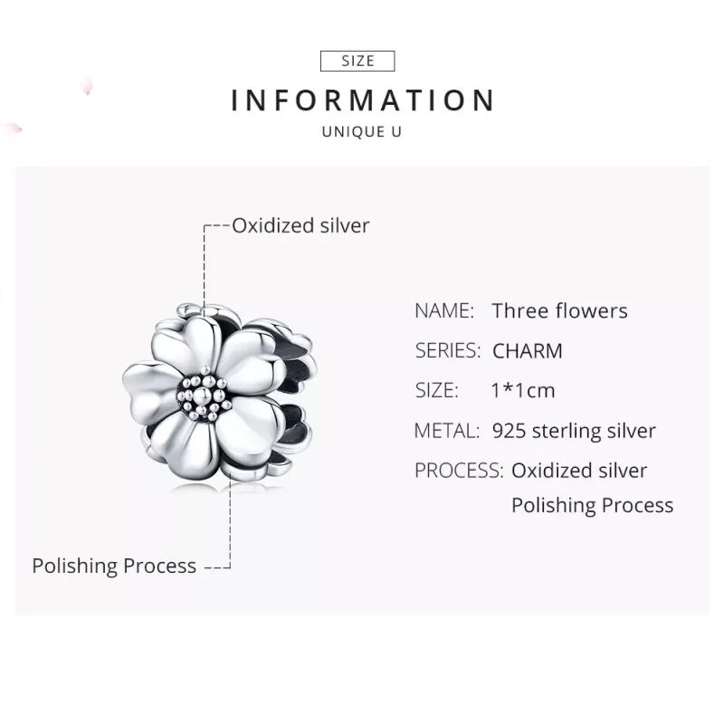 (imagen para) Charm en estilo Pandora de plata con tres flores - SCC1486 - Ver 7