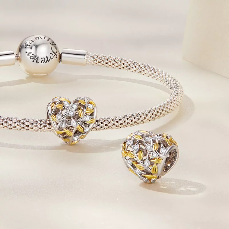 (imagen para) Charm en forma de corazón con hojas estilo Pandora - BSC672 - Ver 3