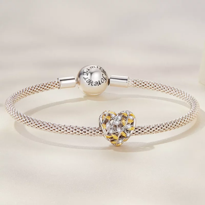 (imagen para) Charm en forma de corazón con hojas estilo Pandora - BSC672 - Ver 4