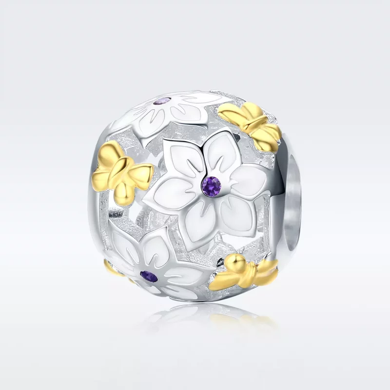 (imagen para) Charm estilo Pandora de dos tonos, con flores y mariposas - SCC546 - Ver 2